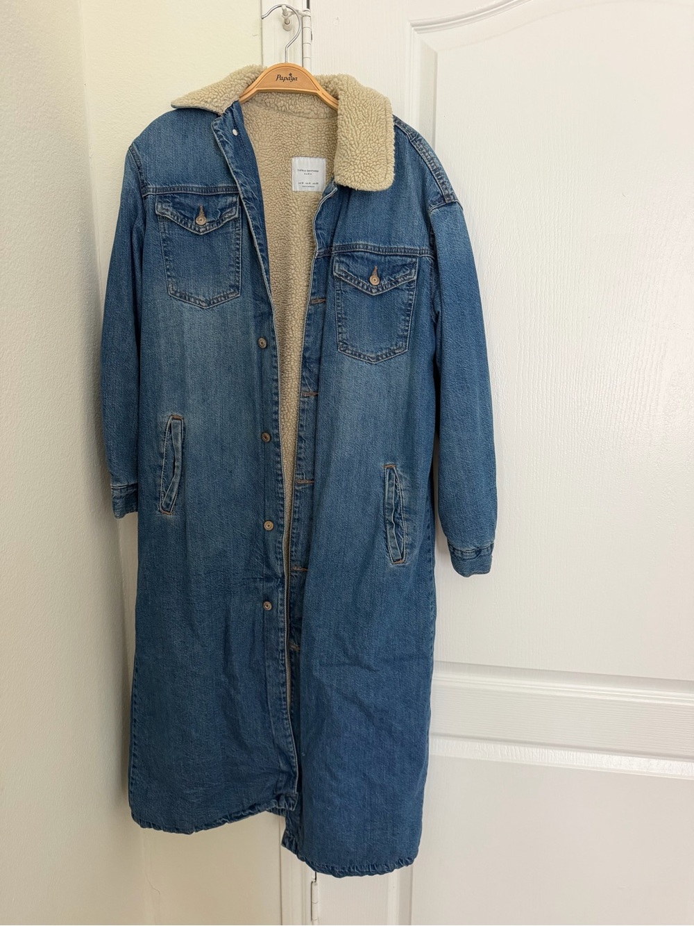 Zara Blue Denim Long Sherpa-Lined Coat Size Medium Fall/Winter